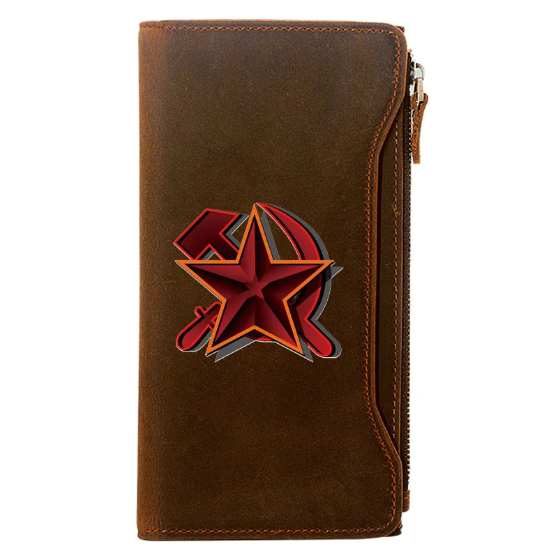 

Классический бумажник из натуральной кожи с принтом Советского Союза Красного серпа и молота, Мужской Длинный кошелек с сумочкой для телеф...