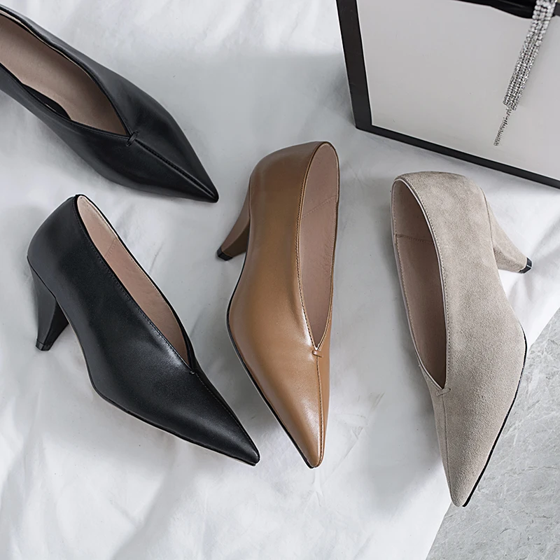 

okkdey 2020 women Genuine Leather shoes cow leather Sheep suede spike heels pointed toe women pumps professional office career