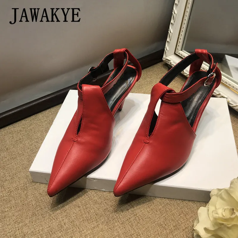 red JAWAKYE/босоножки из натуральной кожи на шпильках; женская летняя удобная обувь на высоком каблуке с острым носком; красные, черные сандалии-гладиаторы - Цвет: red