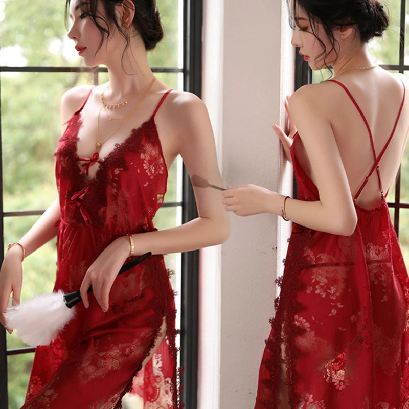 

Erotic Lace Split Women Nightdress Sexy V Collar Female Sling Lingerie Sleep Dress Hollow See Through Lace-Up Backless Home Wear