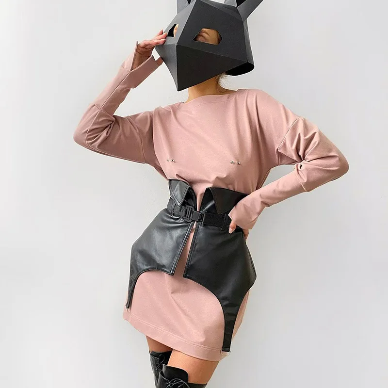 

Women Black Mini Skirt All -Match A Line High Waisted Goth Skirt PU Leather Belt SkirtsFashion Casual Party Club Outfits New