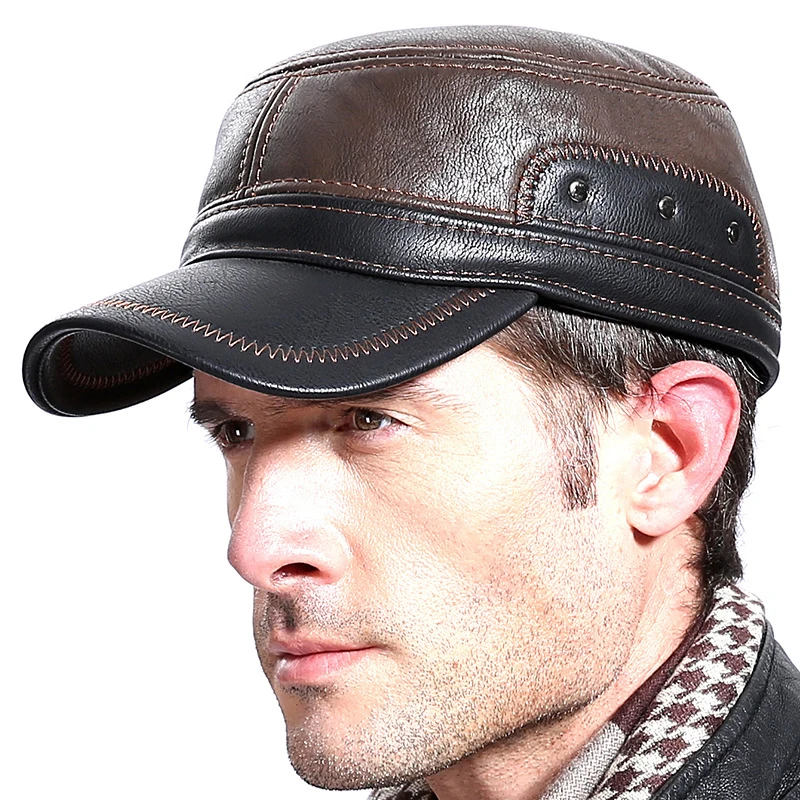 

Winter Middle Old Aged Men Warm PU Flat Top Earmuffs Cap High Quality Faux Leather Cowhide Thicken Plus Velvet Visors Hats