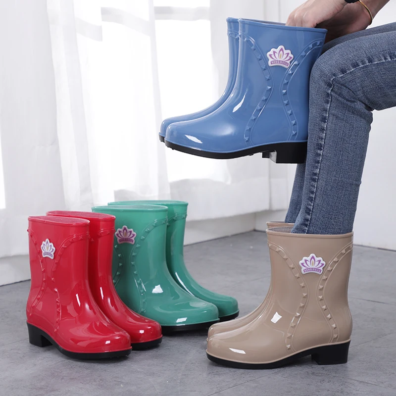 Women Mid-Calf Rainboots Spring Autumn Light Comfort Work Water Boots Female Outdoor Round Toe Waterproof PVC Shoes
