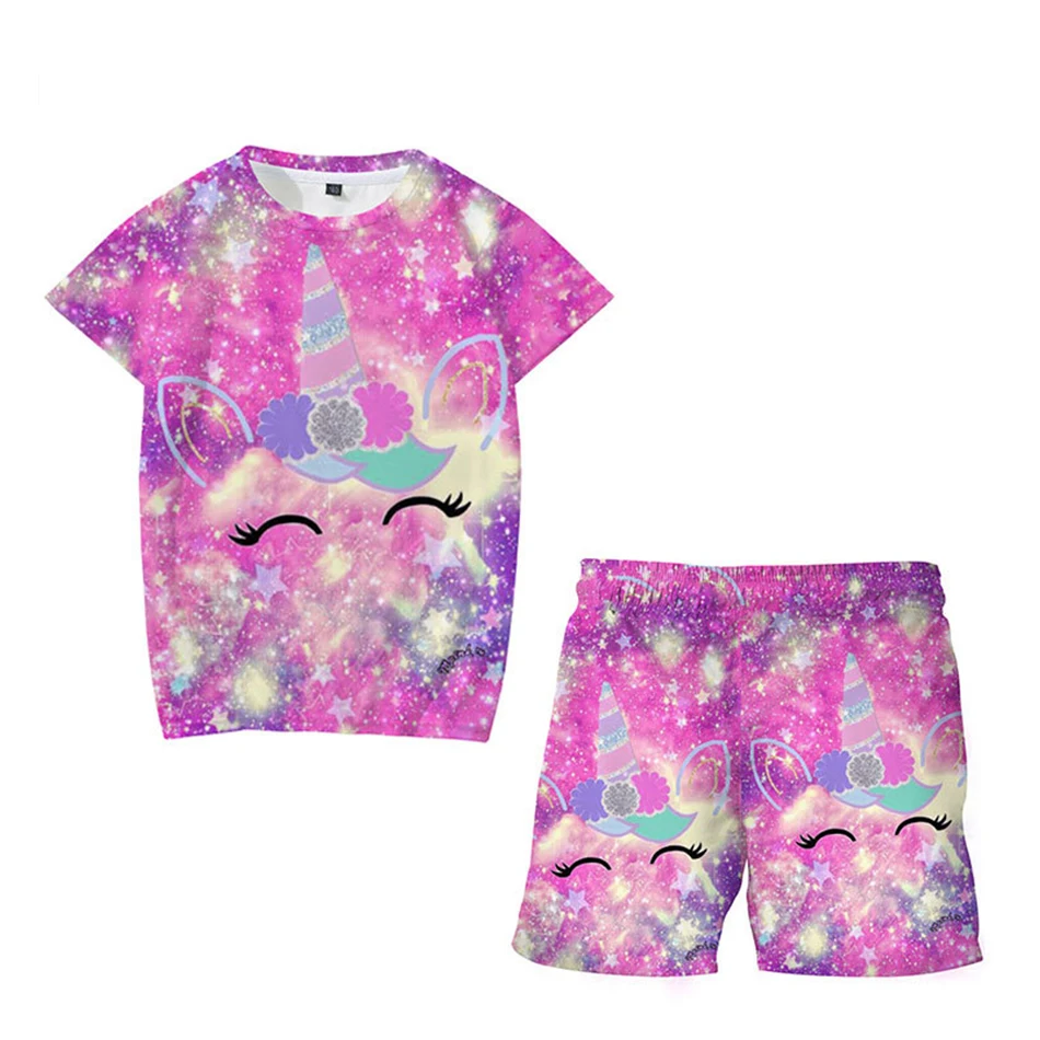 Kids Personality 3D Printing Unicorn T-Shirt Suit Boys And Girls Summer Short-Sleeved Tops + Shorts Toddler Kids Beach Clothes