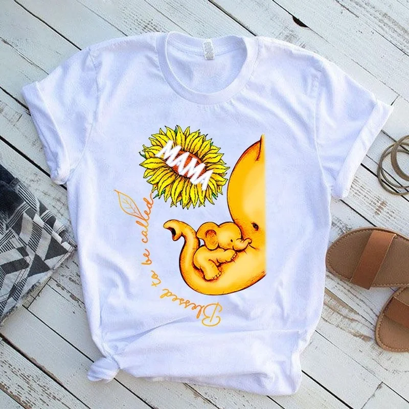 

Elephant MAMA Sunflower Print Women T Shirt Short Sleeve O Neck Loose Women Tshirt Ladies Tee Shirt Tops Clothes Camisetas Mujer