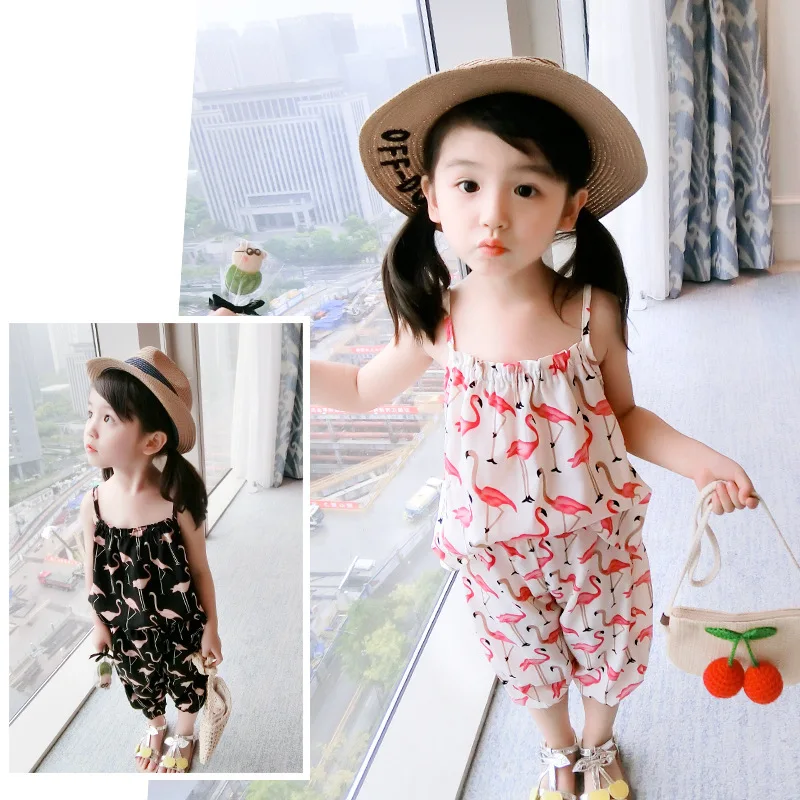 

2020 kids clothes girl children flamingo suit summer clothing set including top+pant two colors