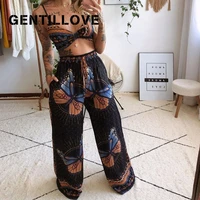 gentillove women summer sexy tracksuit outfits printing lace up two pieces set beach style loose underwear wide leg pants club