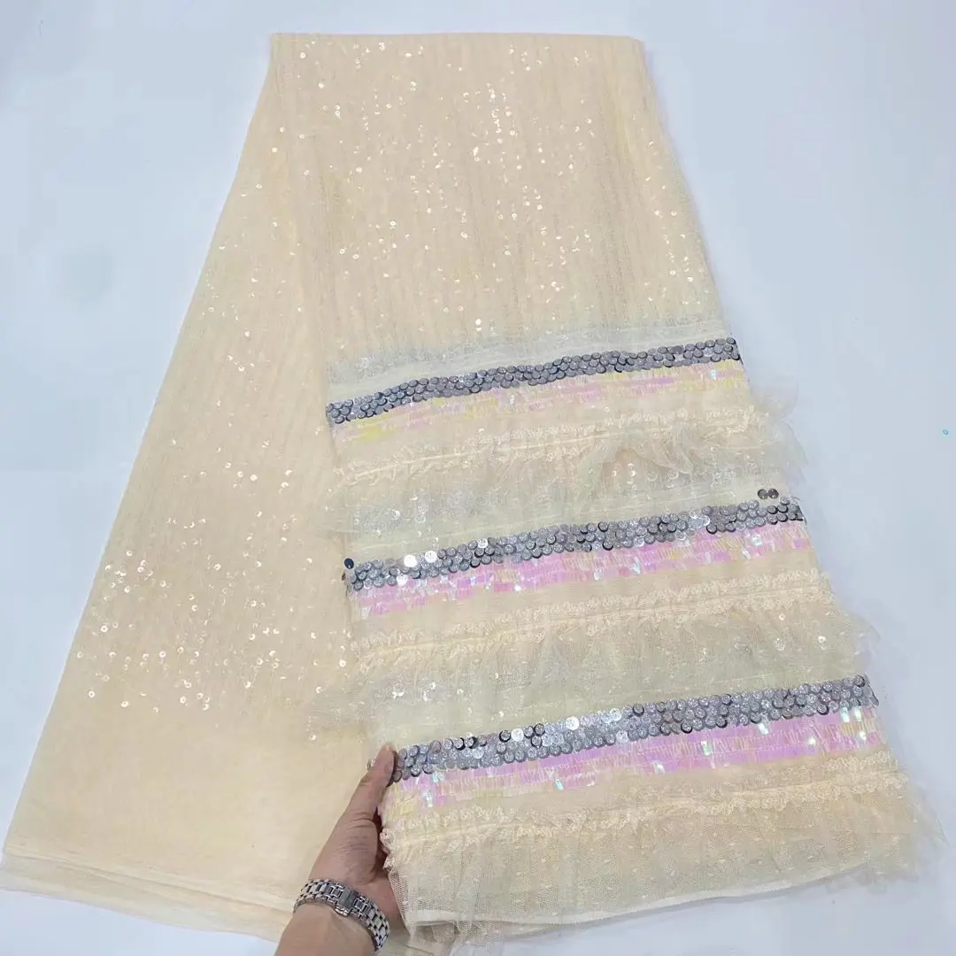 

European Incarnadine Designs Sequins Lace Tulle Sequin Hemline Fabric Quality Mesh Cloth Trimming For Garment Sewing Dress
