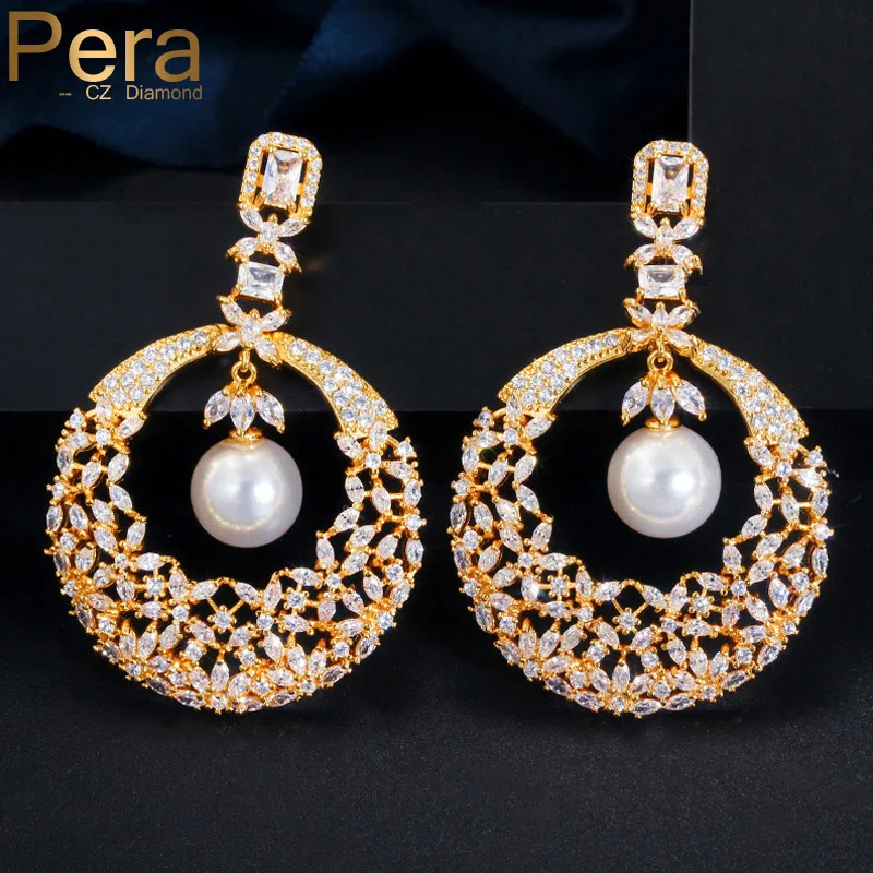 Pera Bridal желтые золотые большие круглые полые висячие серьги Paerl для банкета