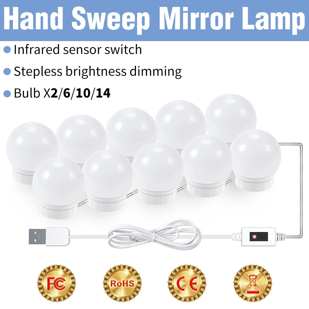 

Mirror Light Bulb Adjustable Brightness 12V LED Kit Hand Sweep Sensor Vanity Makeup Lamp USB Dressing Table Light 2 6 10 14 Bulb