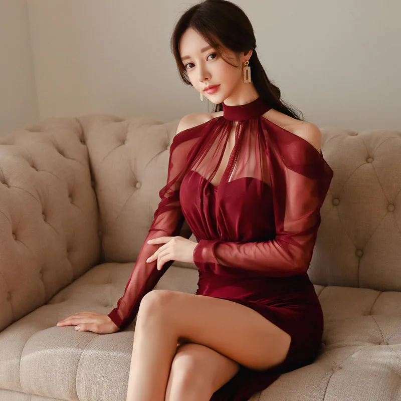 

2021 Spring Summer Sexy Mesh Net Side Slit Maxi Long Dress Lx005 Wine Red Color O Halter Neck Long Sleeves Elegant Ladies Dress