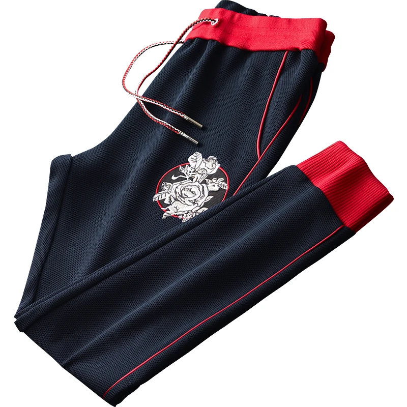 Minglu мужские брюки Роскошные розы Вышивка ребра контрастный цвет Slim Fit размера