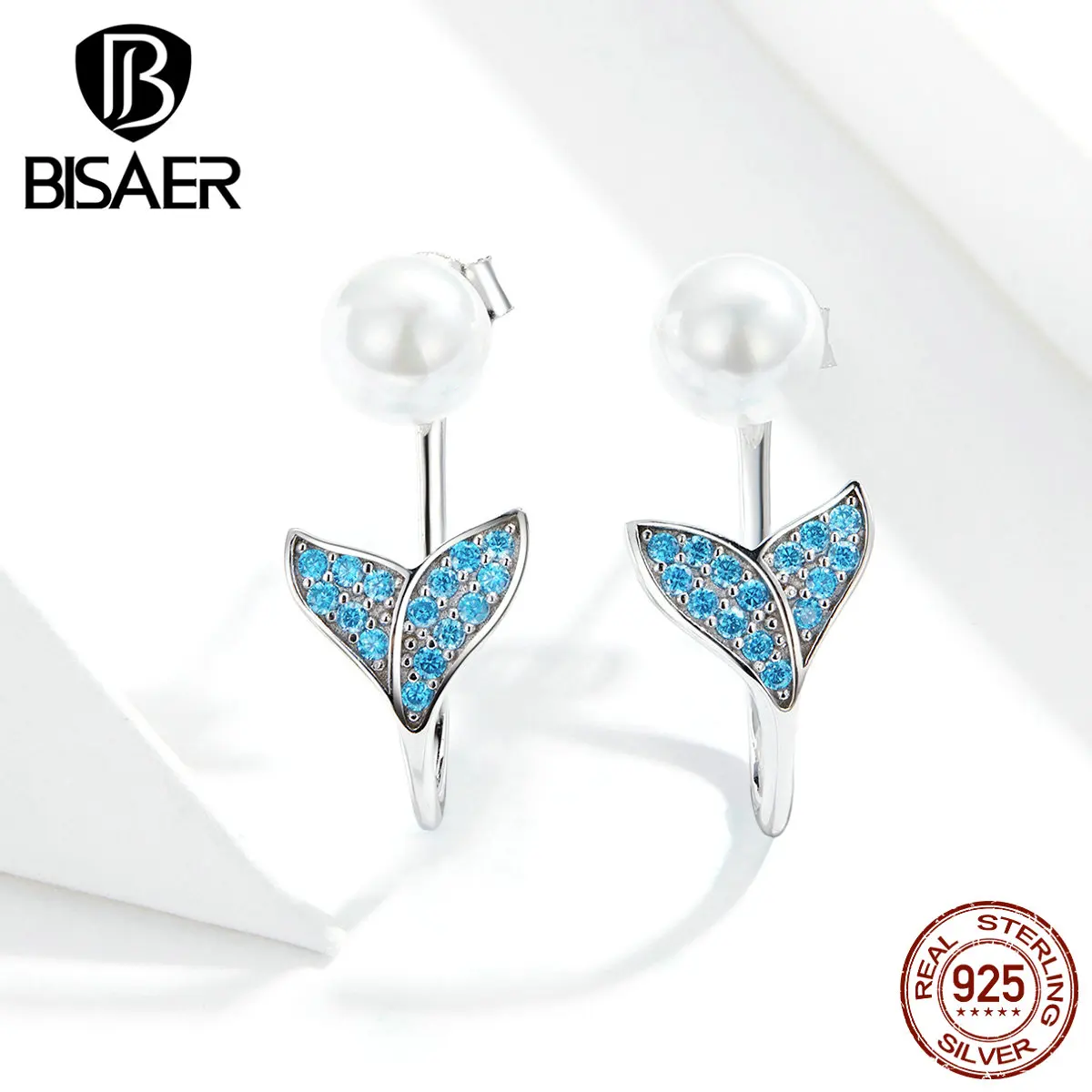 Хвост серьги BISAER 925 пробы Серебряное обручальное кольцо с жемчугом океан одеяло