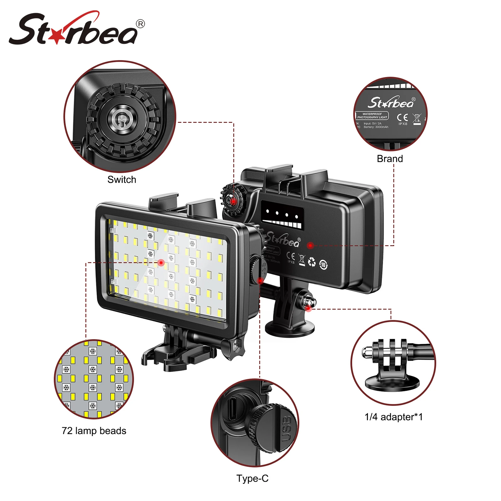 

Strbea 5000 LUX Waterproof Lamp For Gopro Underwater Light LED Camera Fill Light Flash Diving Photography Lighting Accessory