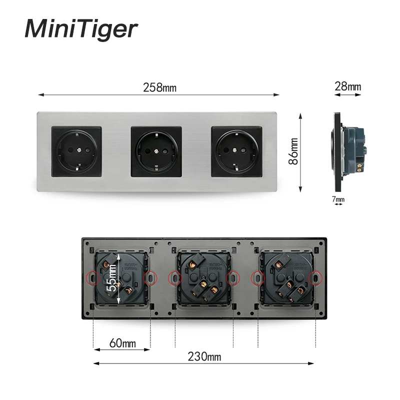 Двойная настенная розетка с панелью из нержавеющей стали Minitiger 16 А европейская +