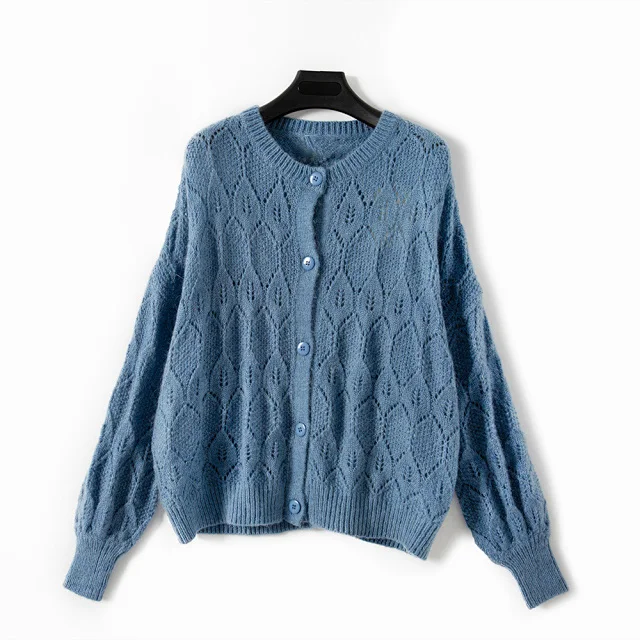 

Three Colors Women Sweater O-neck Hollow out Long Sleeve Vintage Single Breasted Early Autumn Knitwear Cardigans