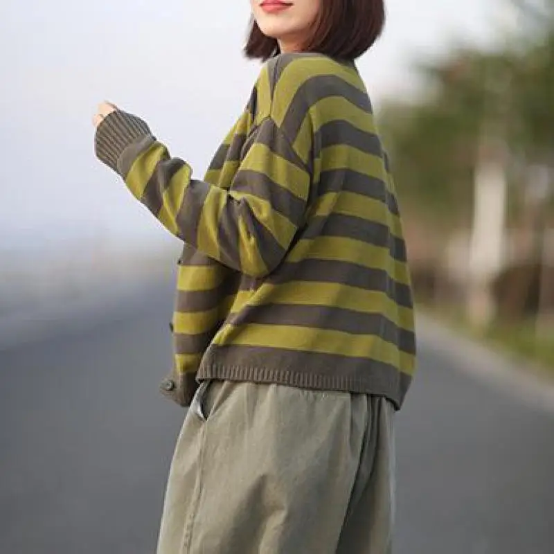 Johnature Autumn Women Sweater Striped Cardigan 2019 New Casual Vintage All-match V-neck Single Breasted Knitted |