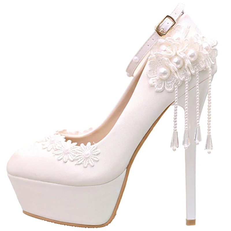 Белые свадебные туфли на высоком каблуке с кружевом и жемчугом Свадебная