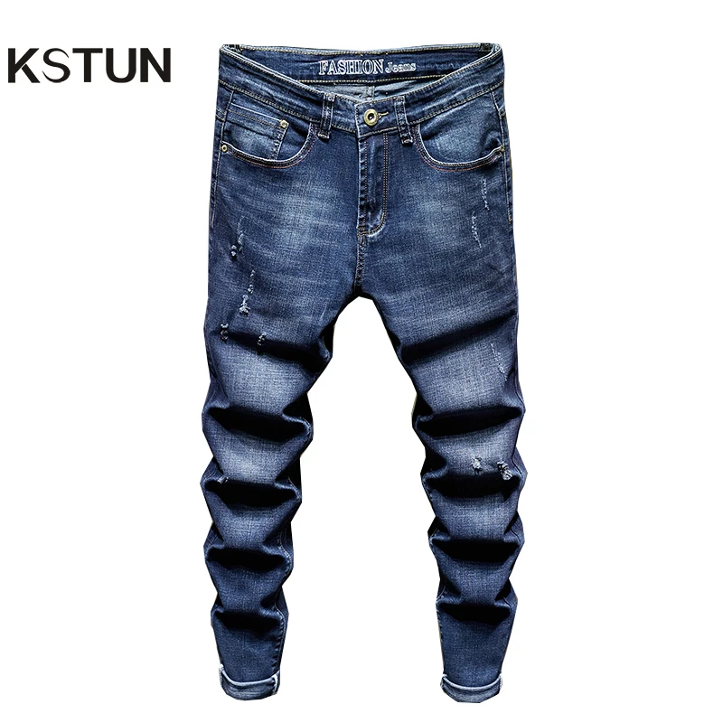Мужские джинсы облегающие тянущиеся синие потертые рваные брюки мужские для
