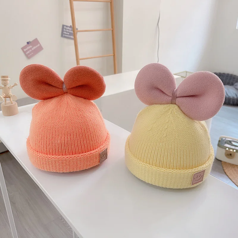 

Cute Big Bow Baby Hat Kids Girls Cap Knitted Autumn Winter Warm Beanie Solid Color Balls Toddler Hats Bonnet