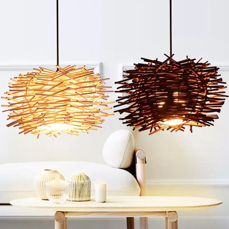 Bird Nest wicker pendant Lights For Dining room Kitchen Bar hanging suspension lamp wooden rattan lantern lamp