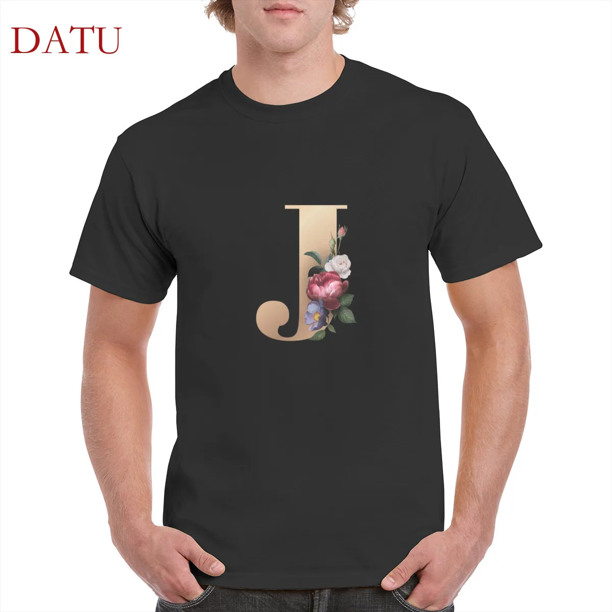 

Harajuku Alphabet J flowers pattern tshirt 100% cotton 26-alphabet print t shirt gothic punk oversized tops women/men's T-Shirts