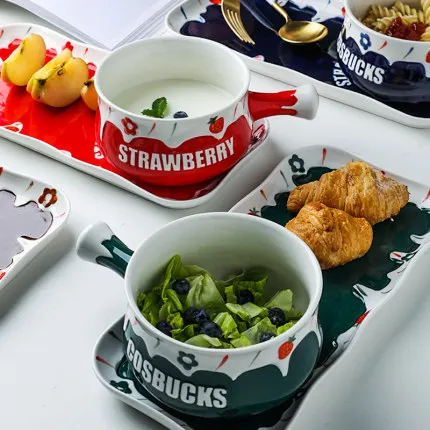 

Cute Strawberry Embossed Ceramic One-person Tableware Set Handle Bowl With Bowl Breakfast Oatmeal Dessert Bowl