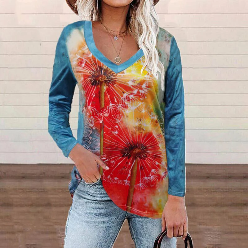 

2021 New Casual Fashion Print Women Blouses Autumn Elegant Dandelion Loose Long Sleeve Shirts Spring V-Neck Pullover Tops Mujer