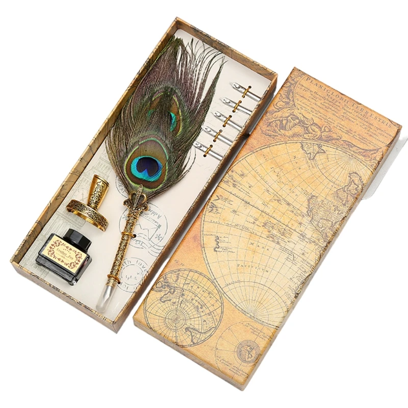

Vintage Natural Peacock Feather Pen Metal Writing Quill Pen Set Calligraphy Metal Carving Appearance with 5Pcs Nibs