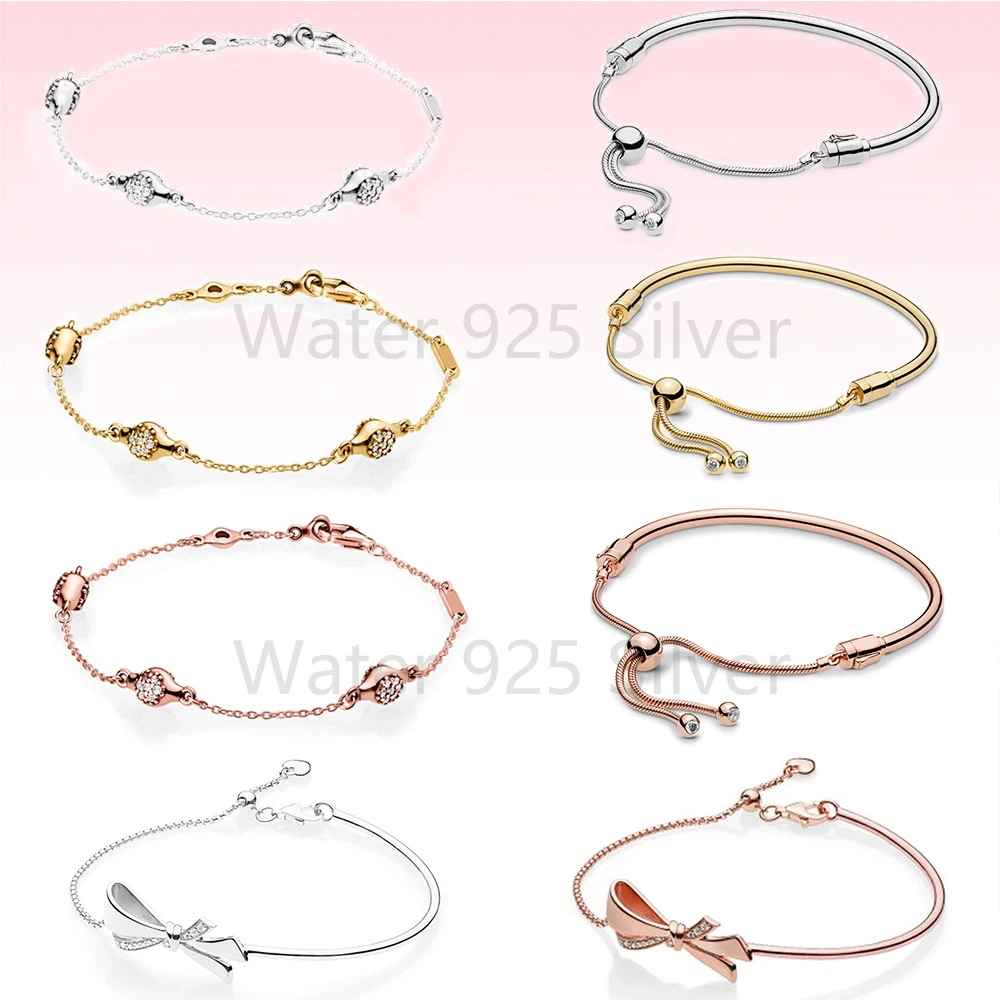 

2021 New 925 Sterling Silver Rose Shine Modern LovePods Brilliant Bow Bracelet Sliding Bangle DIY Jewelry For Women