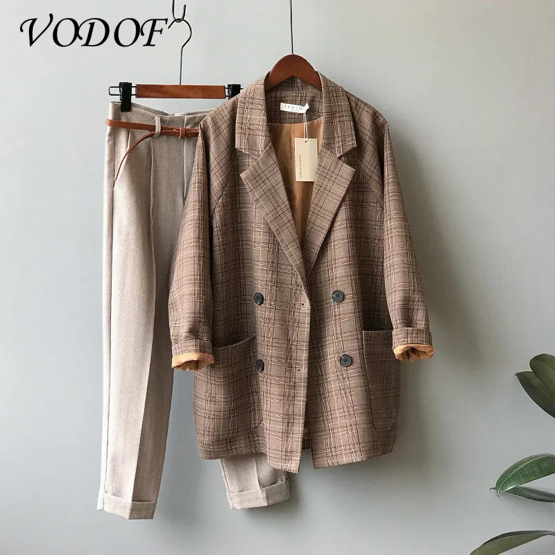 

VODOF Vintage Houndstooth Women Blazer Sashes Double-breasted Plaid Female Suit Jacket Long Sleeve Pockets Blaser Femme 2020