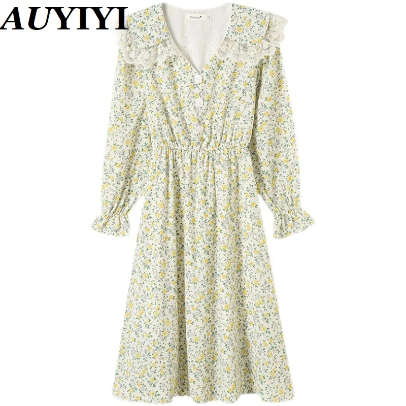 

AUYIYI 2021 New Fashion Doll Collar Korean Long Sleeve Floral Dress Spring and Autumn Waist Waist Thin Elegant Lady Dress