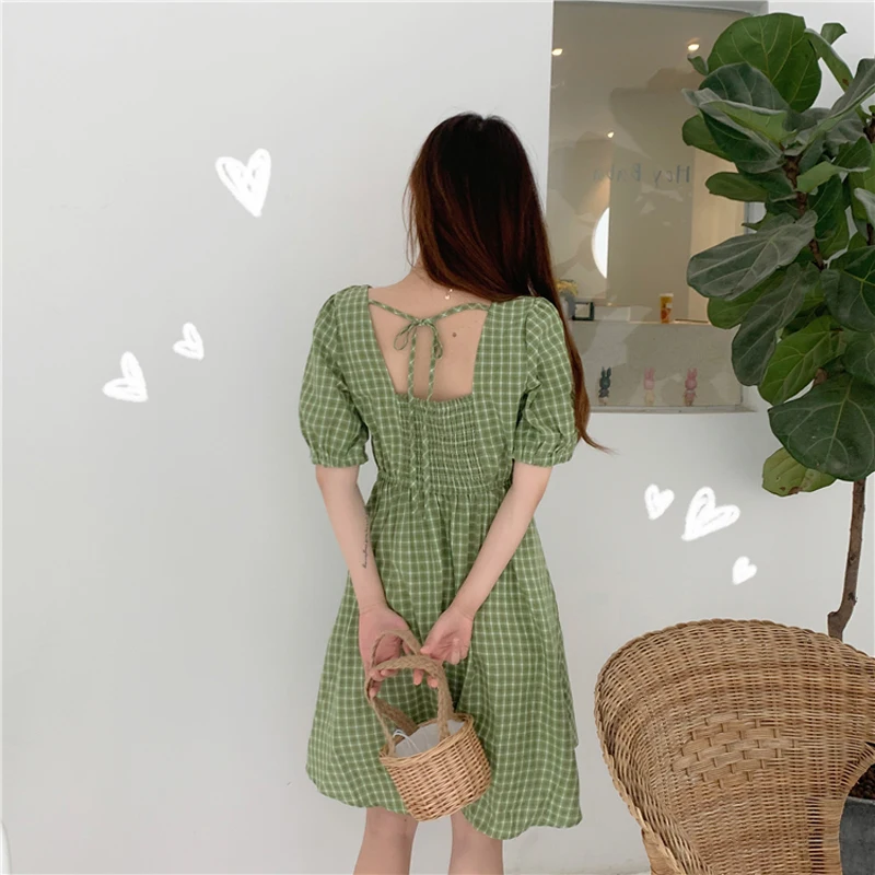 

Chic V-Neck Plaid Dress Women Fashion Buttons High Waist Knee Length Summer Dresses Female Holiday Style Lace-up Casual Dress
