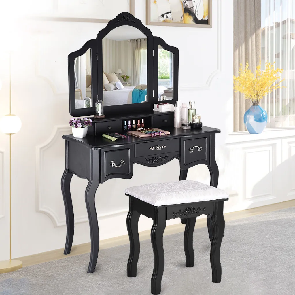 【US Warehouse】Vanity Красота станция для туалетного столика и деревянный табурет 3