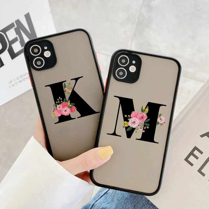 Black Letter Flower Matte Phone Case For iPhone 12 14 Pro Max Cases For iPhone 11 13 pro Back Cover fashion Shell Coque 