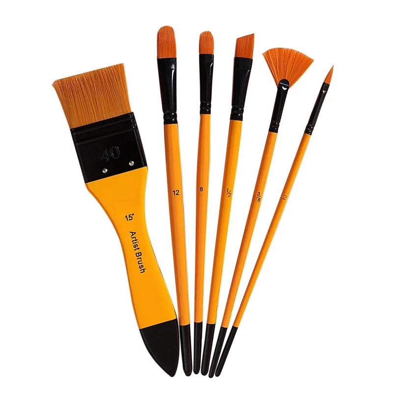 

6Pcs/Set Nylon Hair Artist Painting Brush For Acrylic Oil Watercolor Scrubbing Brush Art Drawing Pen Wooden Handle Paint Brushes
