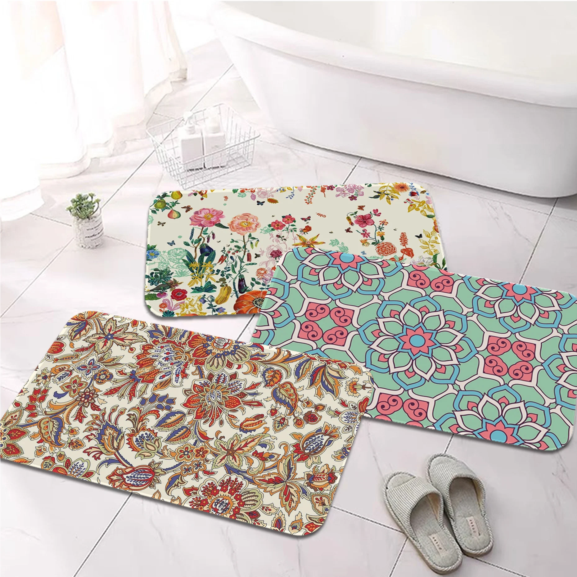 

Bohemian Floral Pattern Printed Flannel Floor Mat Bathroom Decor Carpet Non-Slip For Living Room Kitchen welcome Doormat
