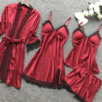 womens 4pcs silk satin pajama set cami top nightgown lace sleepwear robe sets sexy nightdress with chest pads loungewear set