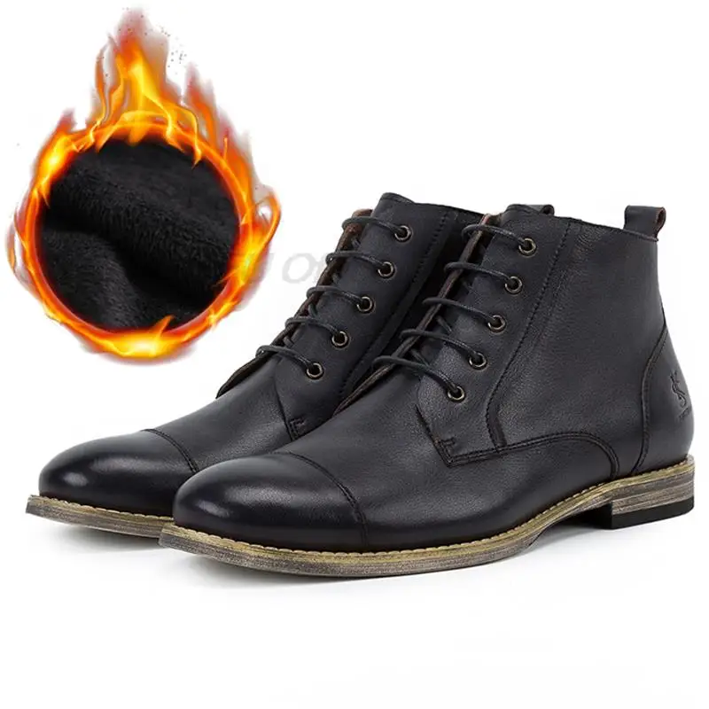 

Мужские классические ботинки ручной работы в стиле ретро из натуральной кожи на шнуровке, зимние короткие ботинки высокого качества, черны...