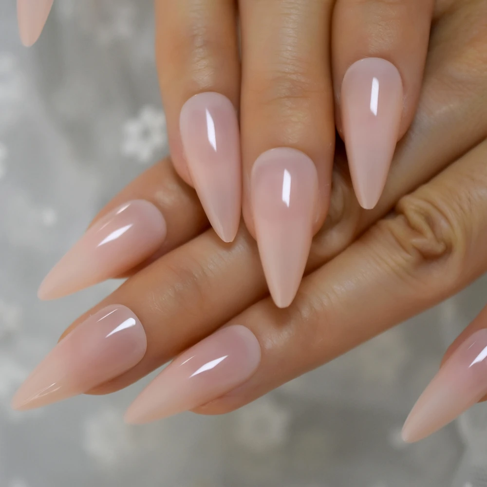 High Light Gel Fantasy Fake Nails Almond Pointed Nude Color False Nalse Medium Long Size Stiletto Tips with Glue Sticker
