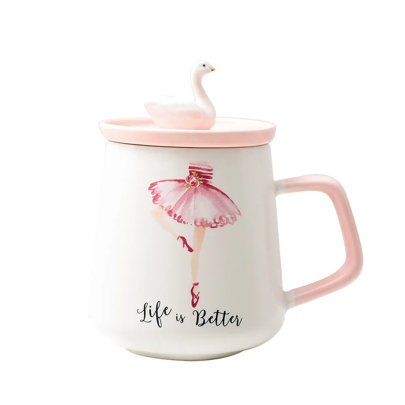 

Sweet Pink Ceramic Mug Lovely Swan With Lid Large Capacity Porcelain Cup Home Office Milk Coffee Water Cups Gifts
