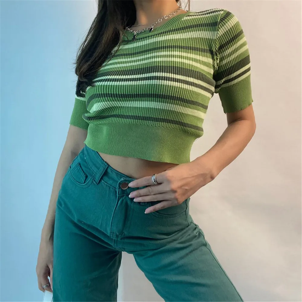 

Women Knitted Crop Tops Patchwork Color Block Green Pullover Striped Short Sleeve Round Neck Slim Fit T-Shirt For Summer