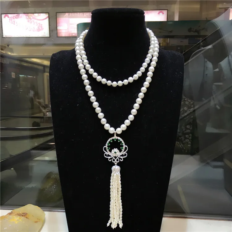 

Hand knotted 7-8mm white natural freshwater pearl tassel long sweater chain necklace fashion jewelry
