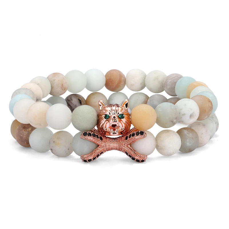 2 pieces / set of new fashion Cz wolf head men's bracelet charm natural stone beaded cuff jewelry gift | Украшения и