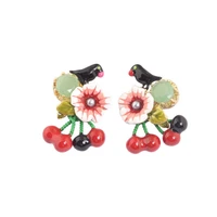 mori series enamel fashion bird and cherry earrings three dimensional handmade jewelry 925 silver needle stud earrings female