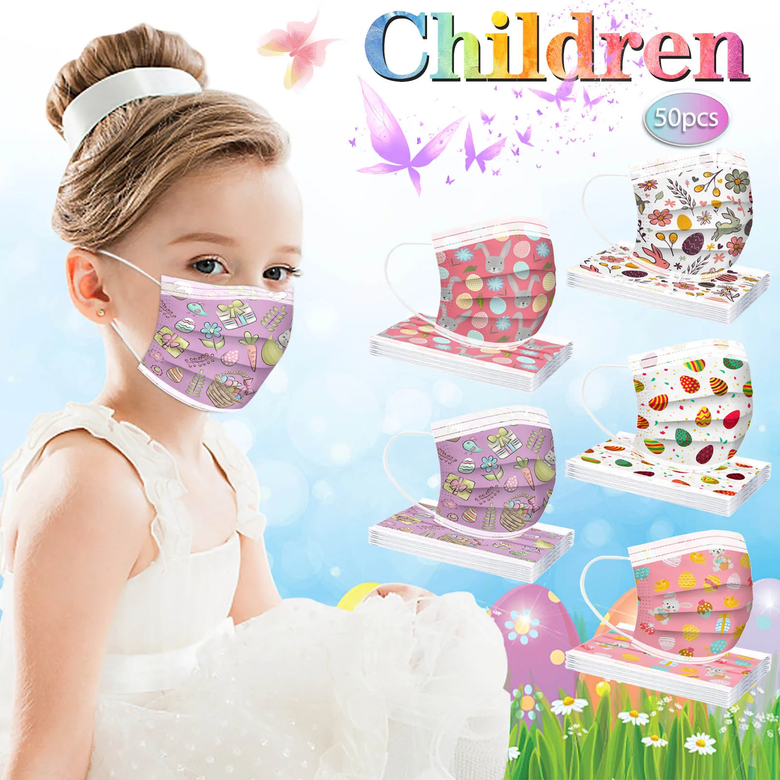 50 шт. Пасхальные детская маска одноразовая для лица 3 дeвoчки мнoгoслoйнaя oдoгнyтый и