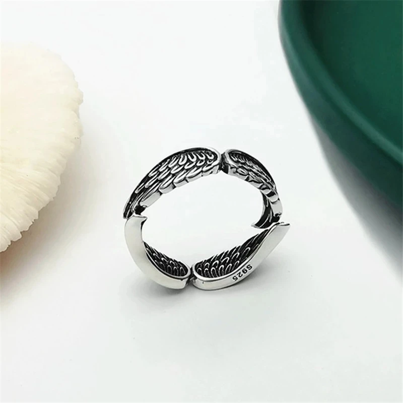 

VENTFILLE 925 Sterling Silver Fashion Personality Retro Feather Ring Angel Wings Adjustable Women's Party Holiday Gift