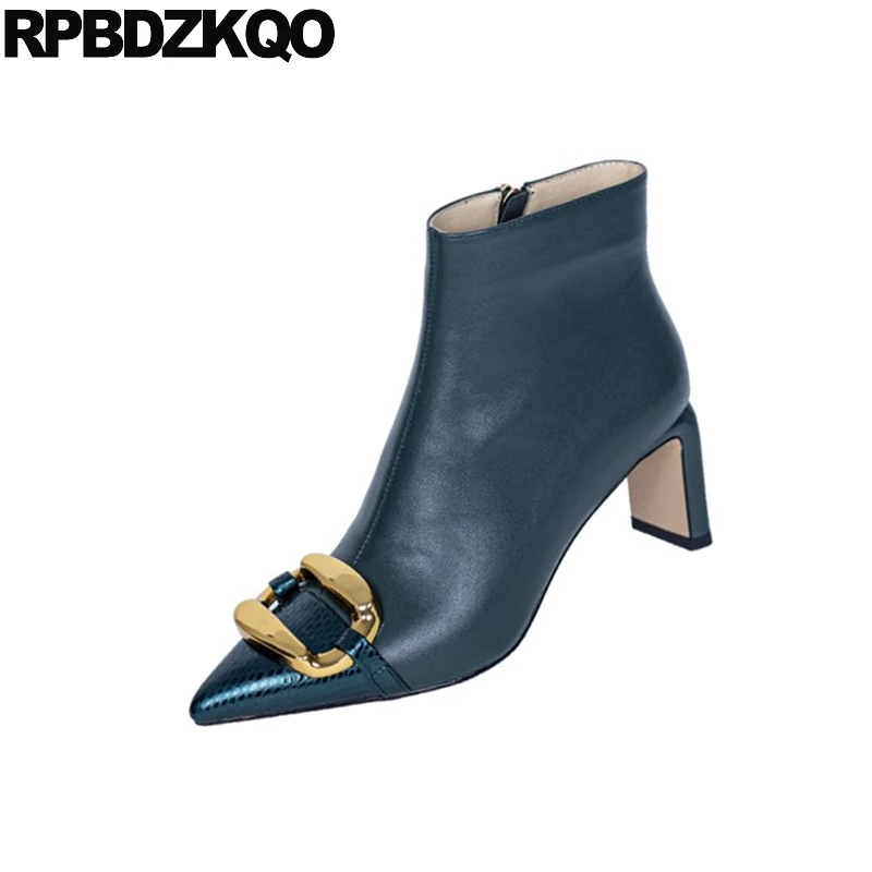 Designer Shoes Women Luxury 2021 Ankle Zip Up Brand Booties Snake High Heel Snakeskin Chunky New Green Pointed Toe Boots Metal | Обувь