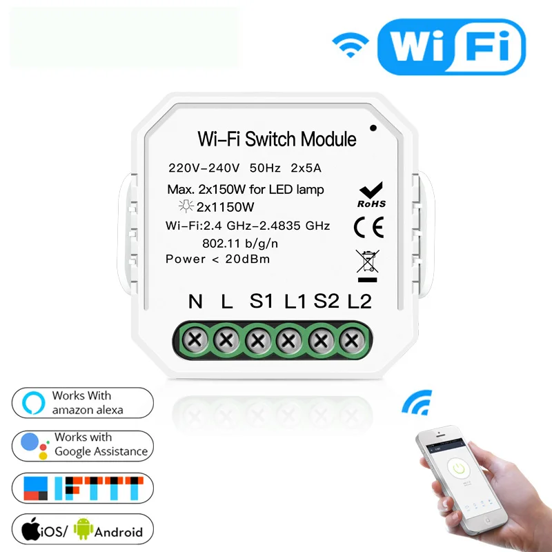 1PSC 2 способ wifi-патрон, умный свет светодиодный диммер выключатель модуль Smart Life/Tuya приложение дистанционное управление работает Alexa Echo Google Home IFTTT - Цвет: 1PSC