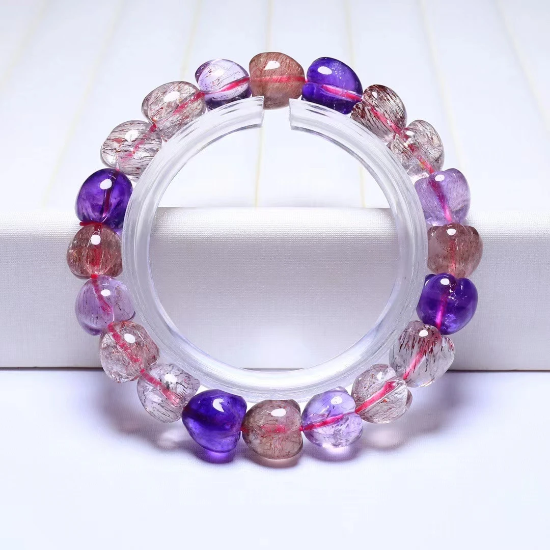 

From Brazil Natural Colorful Super Seven 7 Clear Heart Round Beads Bracelet 10.3mm Rutilated Quartz Crystal For Women Men AAAAAA